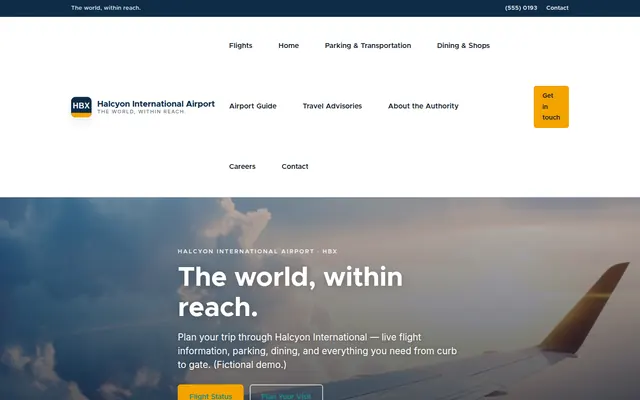 Screenshot of the Halcyon International Airport demo site homepage.