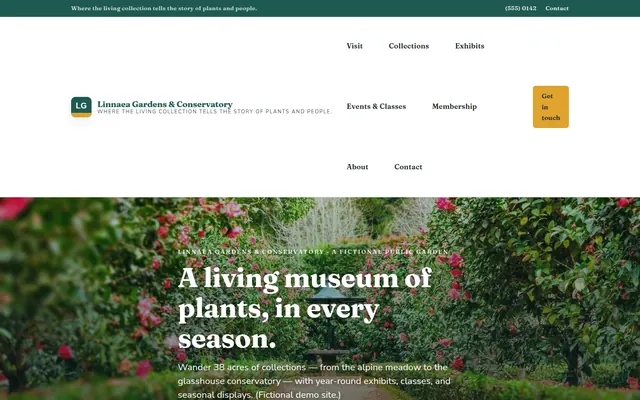 Screenshot of the Linnaea Gardens demo site homepage.