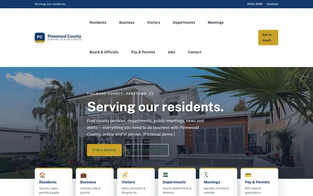 Screenshot of the Pinewood County government demo site homepage.