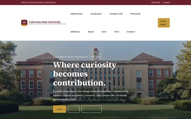 Screenshot of the Calverton State University demo site homepage.