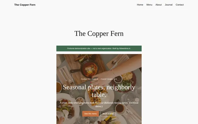 Screenshot of The Copper Fern restaurant demo site homepage.